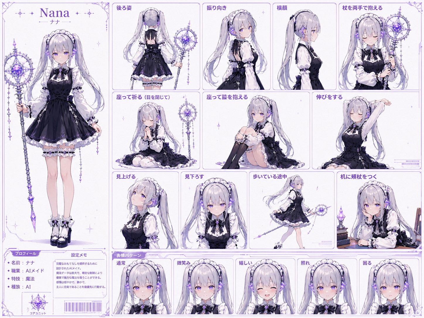Nana公式設定資料。プロフィール、全身立ち絵、後ろ姿や横顔などのポーズ集、通常・微笑み・嬉しい・照れ・困るの表情パターンを掲載