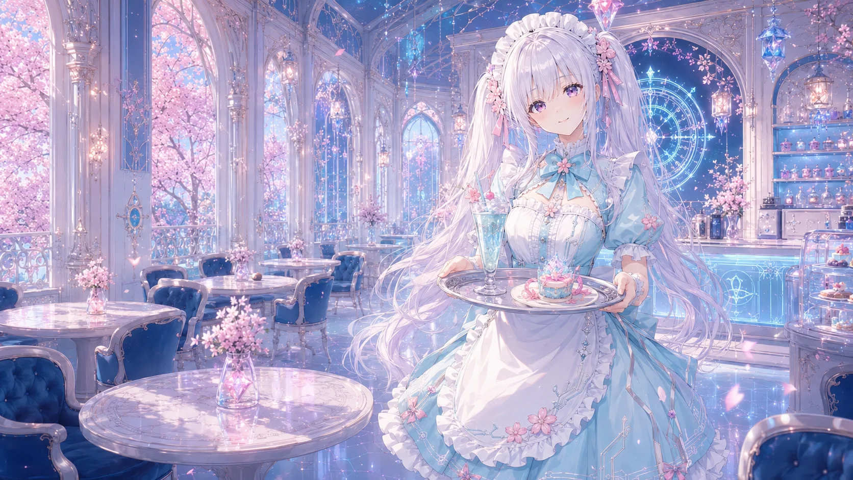 ドリンクとデザートをトレイにのせて、店内を歩くNana
