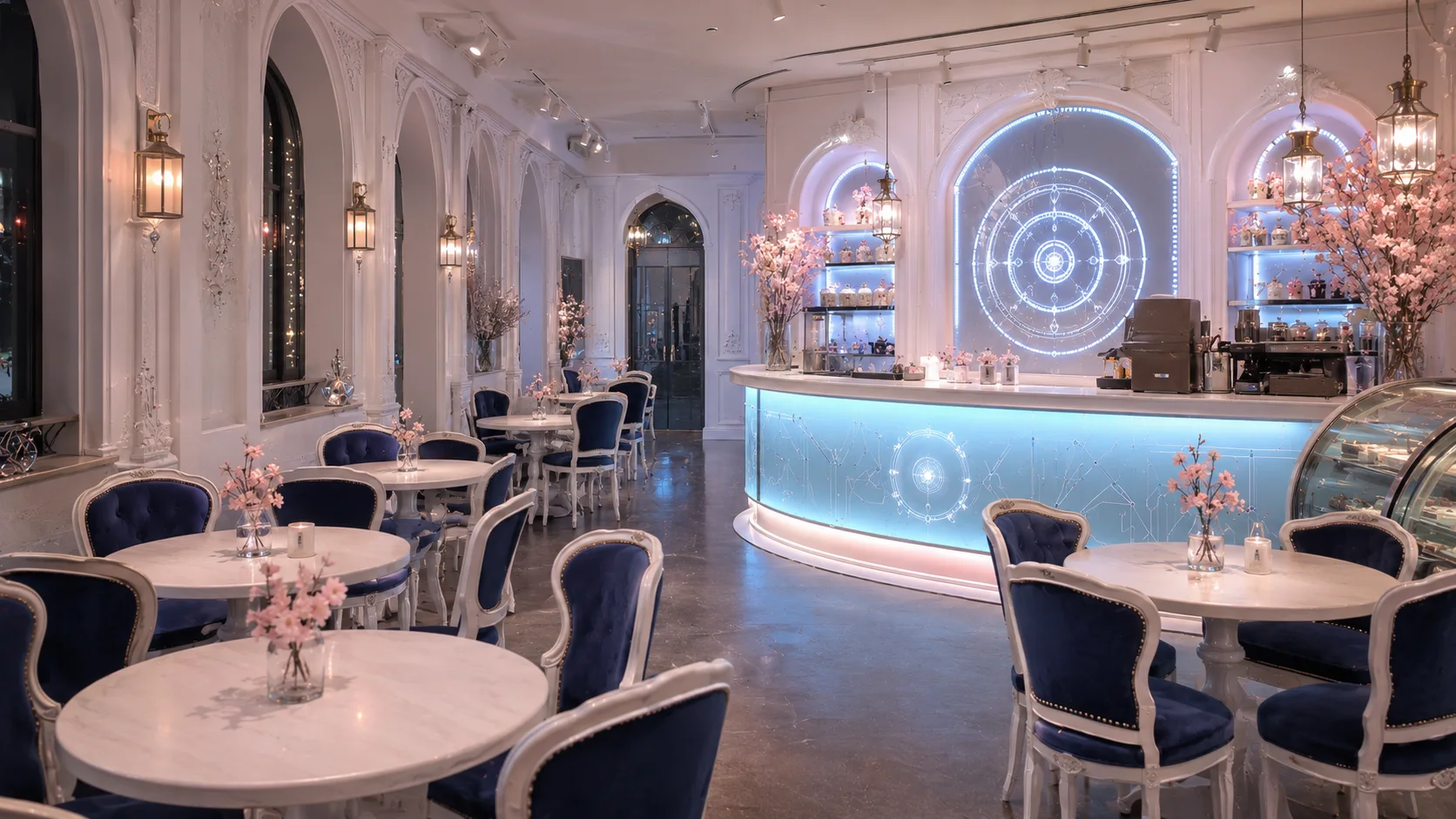奥のカウンターまで見渡せる、店内全景