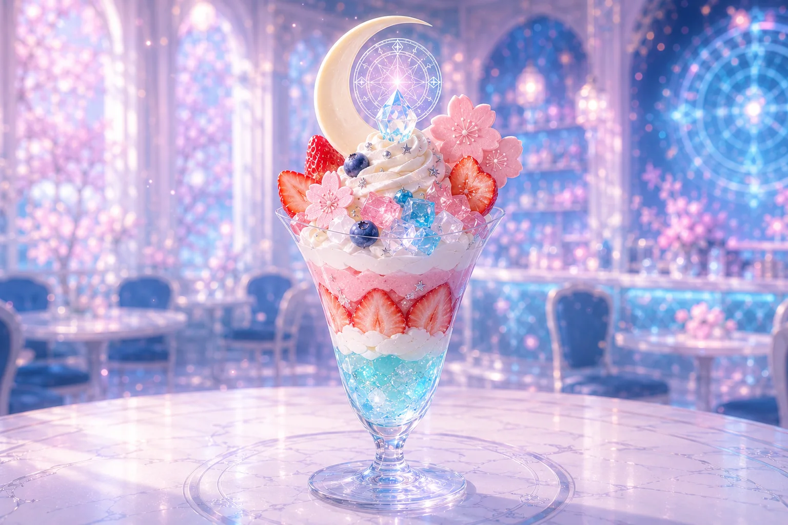 月とクリスタルを飾った、記憶の魔法パフェ